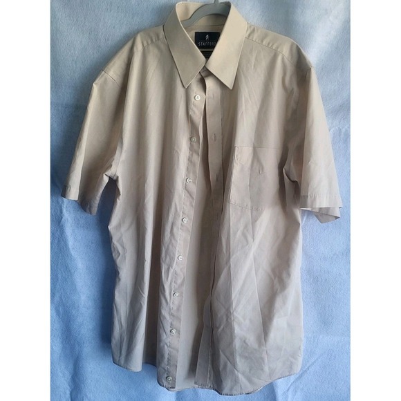 Stafford short sleeve dress shirt button up easy care 15 1/2 regular fit beige - Picture 1 of 5